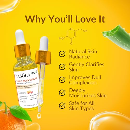 Nasola Kojic Acid Serum for Skin Clarifying, Complexion Revitalization Fade Cream with Alpha Arbutin, Vitamin C & E, & Niacinamide