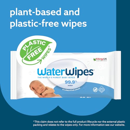 WaterWipes Plastic-Free Original-baby Wipes, 99.9% Water Based Wipes, Unscented & Hypoallergenic for Sensitive Skin, 60 Count (Pack of 9) Total 540 wipes, Packaging May Vary