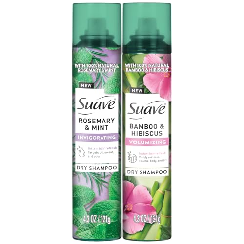 Suave Dry Shampoo Spray Variety 2-Pack – Invigorating Rosemary & Mint + Volumizing Bamboo & Hibiscus, 4.3 Oz Ea