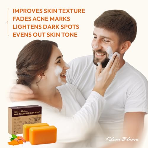 KlearBloom Kojic Acid Soap, Turmeric Soap Bar for Dark Spots with Collagen, Vitamin E, Retinol, Hyaluronic Acid, Shea Butter - 105g x 2 Bars With Holder