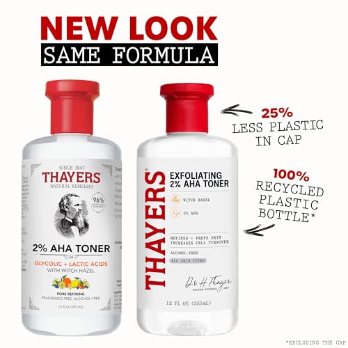 Thayers 2% AHA Exfoliating Toner with Glycolic Acid, Lactic Acid and Witch Hazel, Smoothing and Pore Refining Skin Care for All Skin Types, 12 Fl Oz
