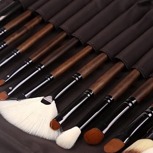Makeup Brushes 15 Piece ZOREYA High End Real Hard Walnut Handle Makeup Brush Set with Dark Brown Leather Brush Case Bag Holder Contains Contour Lip EyeShadow Powder Blending Fan Kit