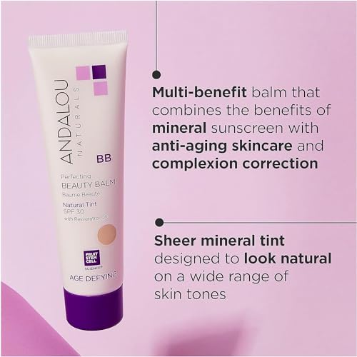 Andalou Naturals Perfecting BB Beauty Balm Natural Tinted Moisturizer with SPF 30, 2-in-1 BB Cream & Face Sunscreen with Broad Spectrum Protection, Mineral Sunscreen with Non-Nano Zinc Oxide, 2 Fl Oz