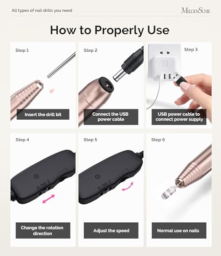 MelodySusie Electric USB Nail Drill Machine,PC120I Portable Electric Nail File Efile Set for Acrylic Gel Nails, Manicure Pedicure Tool with Nail Drill Bits Sanding Bands Gold