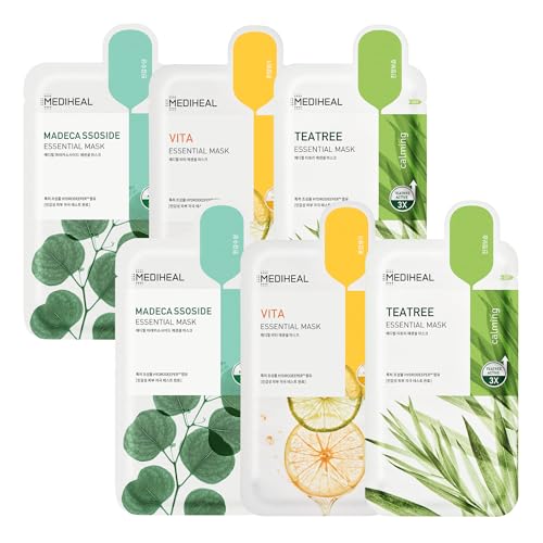 Mediheal Sheet Mask Essential HERO 6 pack (Tea Tree, Madecassoside, Vita)| Korean Skincare Facial Sheet Mask Combo Moisturizing, Soothing and for Blemishes