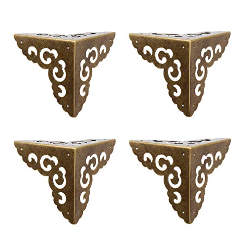 Tiazza 4Pcs Vintage Pure Brass Hollow Cloud Pattern Corner Protectors Antique Hardware Desk Edge Wooden Jewelry Gift Box Cabinet Three Sides Full Encase Corner Guard