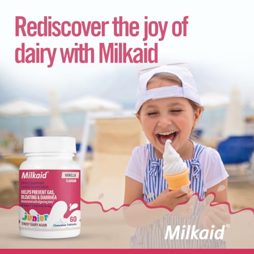 Milkaid Junior Lactase Enzyme Chewable Tablets for Lactose Intolerance | Prevents Gas, Bloating, Diarrhea in Children| Fast Acting Dairy Digestive Supplement for Kids| 60 ct (60 Tablets, Vanilla)