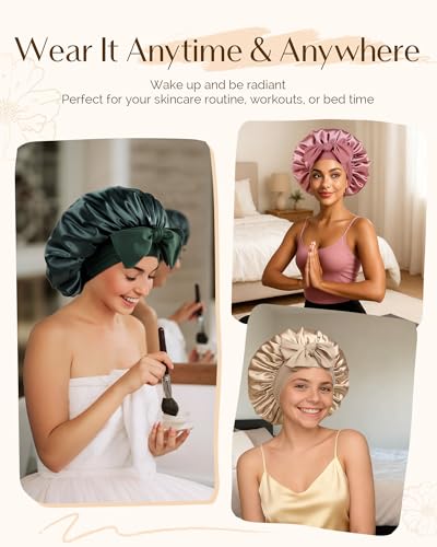 YANIBEST Satin Silk Bonnet for Sleeping Women, Double Layer Hair Bonnet with Elastic Tie Band for Curly Natural Hair, Beanpaste Pink