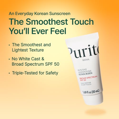 PURITO Sun Day Adventure Korean Sunscreen Smoothest and Lightest Texture Broad Spectrum SPF 50 UVA & UVB Protection No White Cast Oil Free For All Skin Types Vegan Daily Skin Care 50ml, 1.69 fl.oz