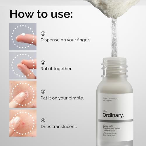 The Ordinary Sulfur 10% Powder-to-Cream Acne Spot Treatment Concentrate, Reduces Pimple Size and Zit Redness, 0.18 Oz