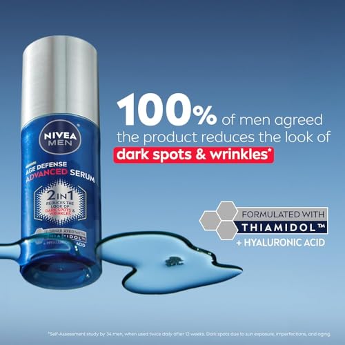NIVEA MEN Age Defense Advanced Face Serum for Dark Spots with Thiamidol (TM) + Hyaluronic Acid, Fast-Absorbing Face Serum for Men Helps Reduce Look of Dark Spots, Fine Lines & Wrinkles, 1 Fl Oz Bottle