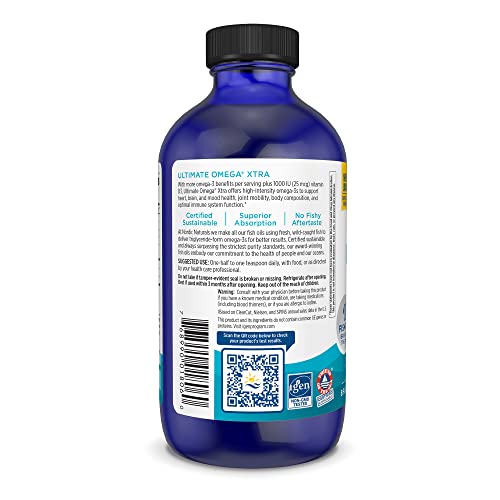 Nordic Naturals Ultimate Omega Xtra Liquid, Lemon Flavor - 8 oz - 3400 mg Omega-3 + 1000 IU Vitamin D3 - Omega-3 Fish Oil - EPA & DHA - Brain, Heart, Joint, & Immune Health - Non-GMO - 48 Servings