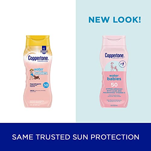 Coppertone WaterBabies Baby Sunscreen Lotion SPF 50, Hypoallergenic Sunscreen for Babies, Water Resistant, Pediatrician Recommended, 8 Fl Oz Bottle