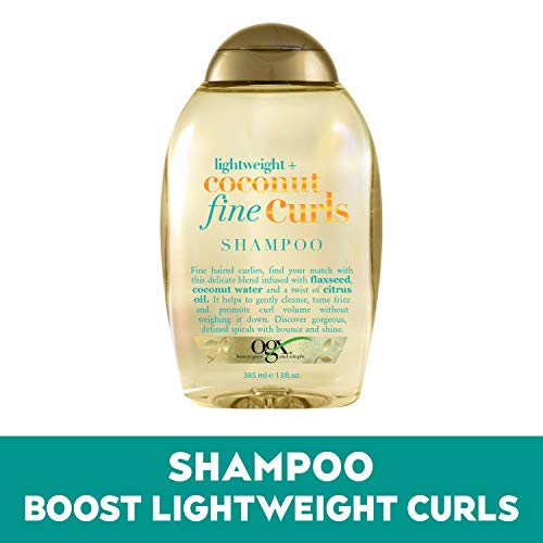 OGX Lightweight + Coconut Fine Curls Shampoo, Lightweight, For Curly Hair, Coconut Water, Flaxseed Oil, Citrus Oil, 13 Fl Oz