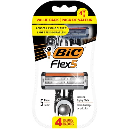 BIC Flex 5 Men's Disposable with 5 Blade Razors, Longer Lasting Flexible Blades and Precision Edging Blade, 4-Pack