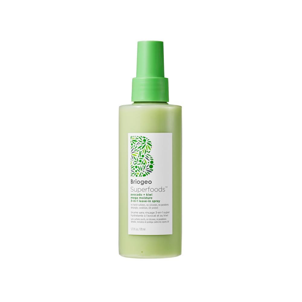 Briogeo Superfoods Avocado + Kiwi Mega Moisture 3-in-1 Leave-In Spray, 3-in-1 Hair Moisturizer for Dry Damaged Hair, Hair Detangler Plus Leave In Conditioner, Vegan, Cruelty-Free, 5.75 fl oz