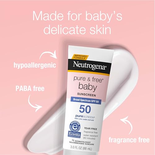 Neutrogena Pure & Free Baby Mineral Sunscreen Lotion with Broad Spectrum SPF 50 & Zinc Oxide, Water-Resistant, Hypoallergenic & Tear-Free Baby Sunscreen, Paraben-Free, Dye-Free, 3 fl. oz