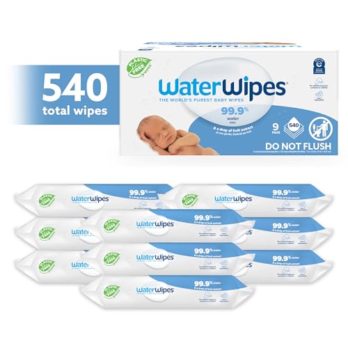 WaterWipes Plastic-Free Original-baby Wipes, 99.9% Water Based Wipes, Unscented & Hypoallergenic for Sensitive Skin, 60 Count (Pack of 9) Total 540 wipes, Packaging May Vary