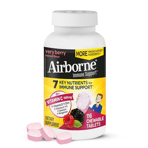 Airborne 1000mg Vitamin C with Vitamin D & Zinc, Multivitamin Immune Support Supplement, Antioxidants Vitamins A C & Vitamin E, 116 Chewable Tablets, Very Berry Flavor