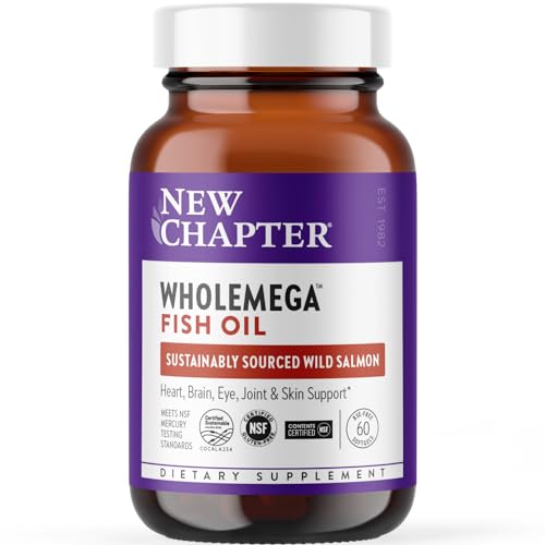 New Chapter Wholemega Fish Oil Supplement - Wild Alaskan Salmon Oil with Omega-3 + Vitamin D3 + Astaxanthin + Sustainably Caught - 60 ct, 1000mg Softgels