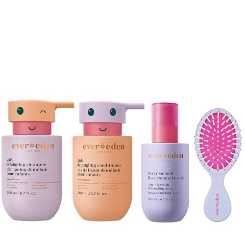 Evereden Kids Complete Haircare Set: Hair Detangling Shampoo, Conditioner & Spray for Children Ages 3+ & Pain-Free Hair Brush, Plant Protein Peptides & Argan Oil, Vegan, Free from Sulfate and Paraben