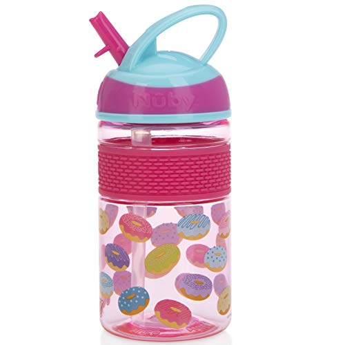 Nuby Thirsty Kids Flip-it Freestyle On the Go Water Bottle with Bite Resistant Hard Straw Cup and Easy Grip Band, Pink Donuts, 12 Ounce
