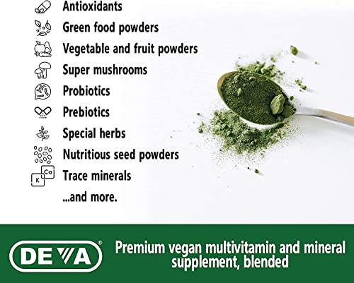 DEVA Tuba Prime Vegan Multivitamin Iron-Free High-Potency Vitamin & Mineral Dietary Supplement Antioxidants, Fruit & Veg Blend, Super Mushrooms, Probiotics, Prebiotics, Seeds, Herbs 90 Tabs 2-Pack