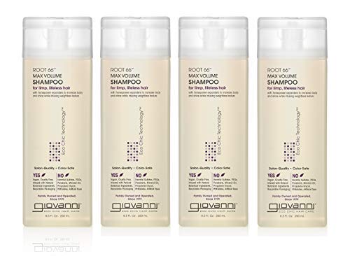 GIOVANNI Root 66 Max Volume Shampoo, 8.5 oz. for Fine Lifeless Hair, Rich in Nutrients, Pro-Vitamin B5, Horsetail Extract, Sea Salt, Kiwi, Sulfate Free, No Parabens, Color Safe (4 Pack).