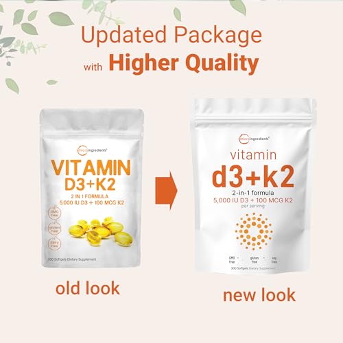 Micro Ingredients Vitamin D3 5000 IU with K2 100 mcg, 300 Soft-Gels | K2 MK-7 with D3 Vitamin Supplement, 2 in 1 Support Immune, Heart, Joint, Teeth & Bone Health - Easy to Swallow