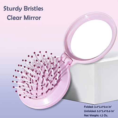 Trikeel Mini Hair Brush Pink for Girl, Round Little Mirror with Fine Brush for Women,Travel Hair Comb with Mirror,Round Compact Brush for Pocket or Backpack.