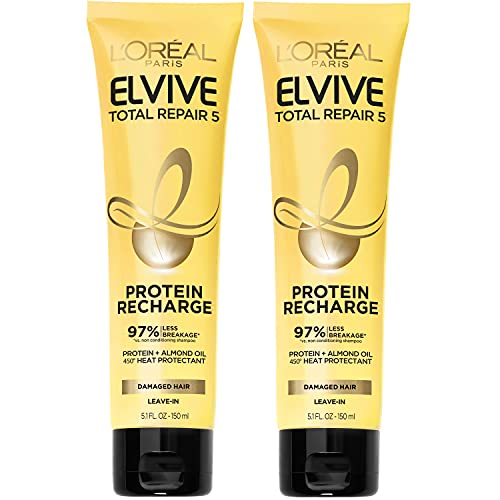 L'Oreal Paris Elvive Total Repair 5 Protein Recharge Leave In Conditioner Treatment, and Heat Protectant, 2 pack, (5.1 Ounce each) (Packaging May Vary)