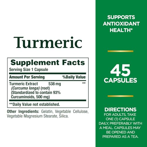 Nature's Bounty Turmeric Pills and Herbal Health Supplement, Supports, Antioxidant Health, 538mg, 45 Capsules