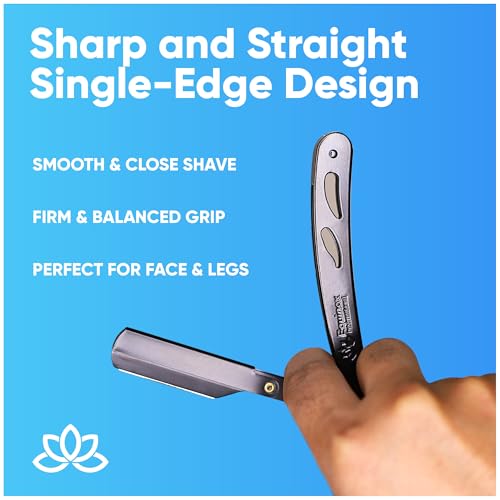 Straight Edge Razor with 100 Single Derby Straight Razor Blades-Barber Straight Razor-Close Shaving Manual Shaver-Disposable Straight Razor Blades (Matte Black Razor w/Black 100 Derby Blades)