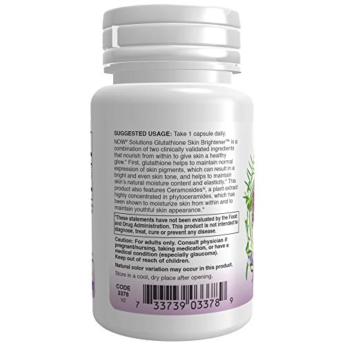 NOW Foods Solutions, Glutathione Skin Brightener with Ceramosides®, Moisturizing and Illuminating, 30 Veg Capsules
