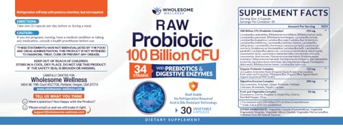 Wholesome Wellness Organic Raw Probiotics 100 Billion CFU, Dr Formulated for Women and Men, Complete Adult Supplement with Prebiotics and Digestive Enzymes; 30 Capsules, Shelf Stable