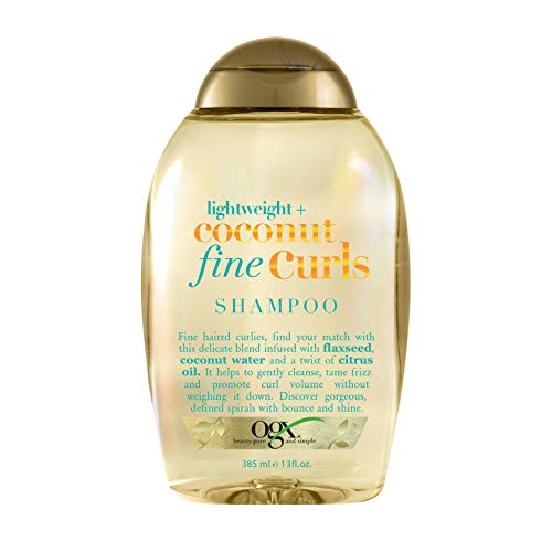 OGX Lightweight + Coconut Fine Curls Shampoo, Lightweight, For Curly Hair, Coconut Water, Flaxseed Oil, Citrus Oil, 13 Fl Oz
