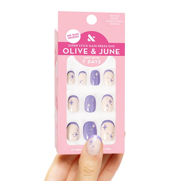 Olive & June Classic Super Stick Mani Press On Nails | Short Round | No Glue Needed | 32 Tab Nails in 16 Sizes | Non-Toxic Tabs | Easy On-Off Non-Damaging Real Look | 7-Day Wear | Mixed Purple Sparkle