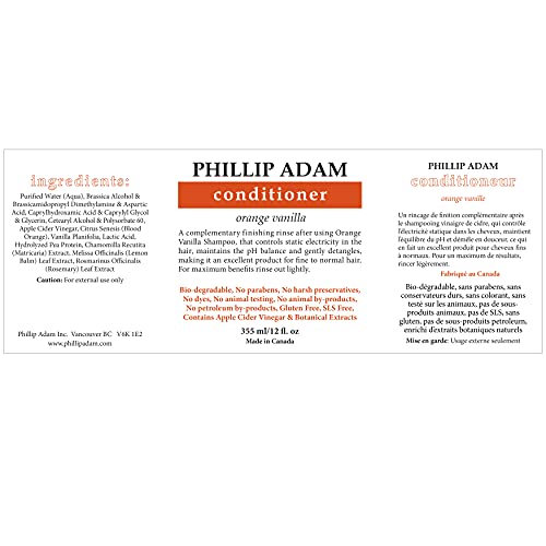 Phillip Adam Orange Vanilla Conditioner for Smooth and Shiny Hair - No Harsh Chemicals - Safe for Color Treated Hair - Delicious Natural Scent - 12 Ounce
