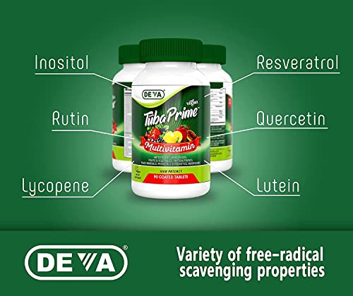 DEVA Tuba Prime Vegan Multivitamin Iron-Free High-Potency Vitamin & Mineral Dietary Supplement Antioxidants, Fruit & Veg Blend, Super Mushrooms, Probiotics, Prebiotics, Seeds, Herbs 90 Tabs 2-Pack