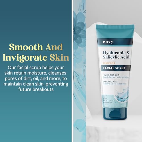 Envy Hyaluronic Acid & Salicylic Acid Face Scrub - Hydrating, Moisturizing & Anti-Aging Facial Exfoliating Scrub - Dermatologist Tested, Clean Beauty for All Skin Types - 6.76 Oz