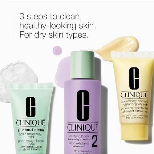 Clinique 3-Step Refresher Course Skincare Set For Dry Combination Skin Types | Face Soap, Clarifying Lotion + Dramatically Different Lotion | Cleansing, Exfoliating + Moisturizing, Mini Travel Size
