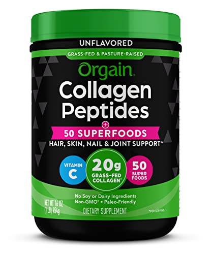 Orgain Hydrolyzed Collagen Powder + 50 Organic Superfoods For Women & Men, 20g Grass Fed Collagen with Vitamin C, Unflavored - Hair, Skin, Nail, & Joint Support Supplement, Non-GMO, Type I & III, 1lb