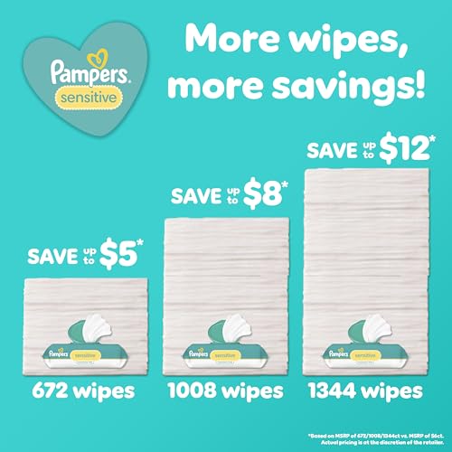 Pampers Baby Wipes Sensitive, Water Based Baby Wipes, Hypoallergenic and Unscented Baby Wipes, 56 Wipes Total (1 Flip-Top Packs)