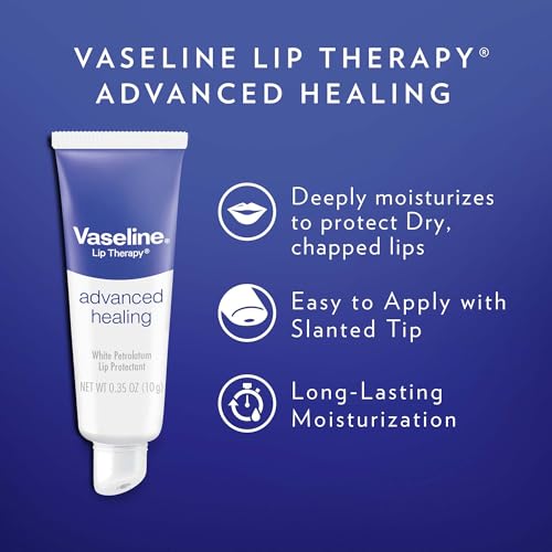 Vaseline Lip Therapy Advanced Healing 3-Pack – White Petroleum Moisturizing Lip Balm for Extremely Dry Lips, 0.35 Oz Ea