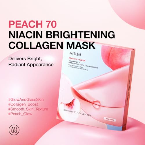 ANUA Peach 70 Niacin Brightening Collagen Mask, Overnight Face Mask for Glass Skin, Niacinamide, Collagen Facial Mask, Glow up with Hydration, Natural Color, Korean Skin Care (38g, 4ea)