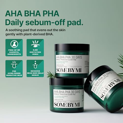 SOME BY MI AHA BHA PHA 30 Days Miracle Truecica Clear Pad - 70 Pads - Mild Exfoliating Korean Centella Toner Pads - Daily Soothing and Blackhead Removing Pore Minimizer for Face - Korean Skin Care