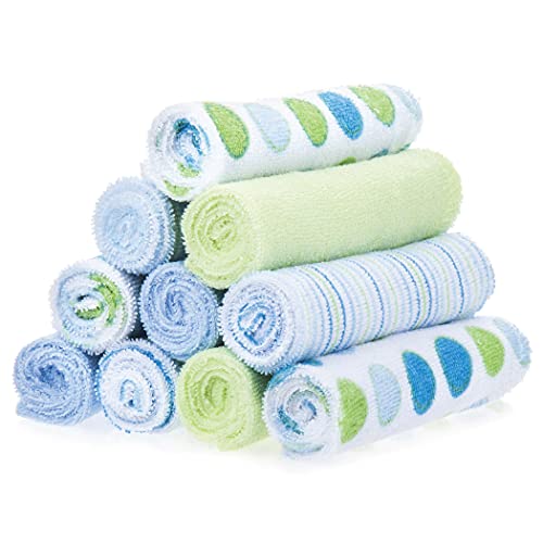Spasilk Washcloth Wipes Set for Newborn Boys and Girls, Soft Terry Washcloth Set, Pack of 10, Blue Dots