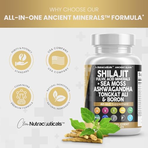 Clean Nutraceuticals Shilajit Supplement with Sea Moss, Ashwagandha, Tongkat Ali, Boron, Magnesium - Fulvic Acid Capsules for Men - 90 Count