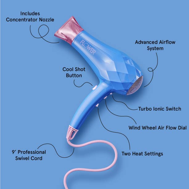 Flower Beauty Ionic Pro Dryer - Lightweight & Powerful Professional Dryer for Fast, Energy-Efficient Hair Drying - Adjustable Airflow & Two Heat Settings - For All Hair Types