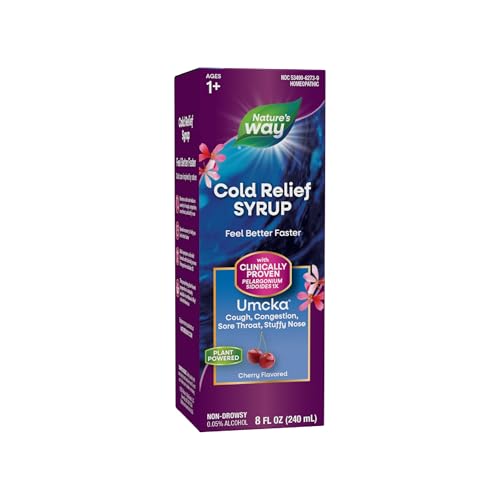 Nature's Way Cold Relief Syrup, Umcka, Shortens Duration & Reduces Severity, Multi-Symptom Cold Relief, Homeopathic, Phenylephrine Free, Non-Drowsy, Cherry Flavored, 8 Fl Oz (Packaging May Vary)